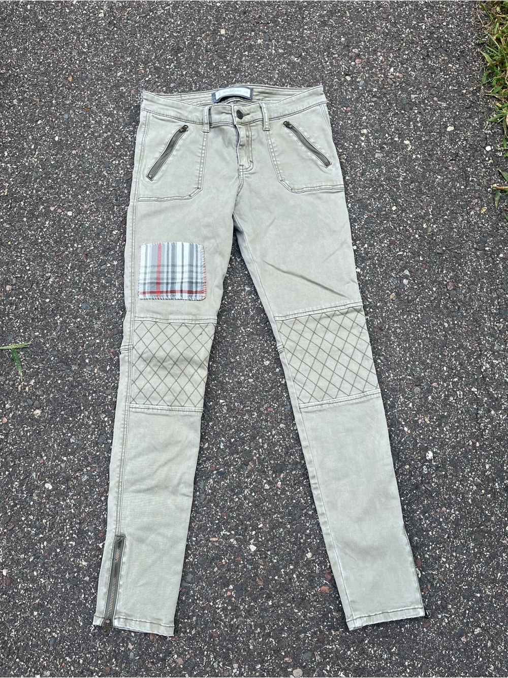 Abercrombie & Fitch Olive Green Quilted Knee Skinny Jeans with Plaid Patch